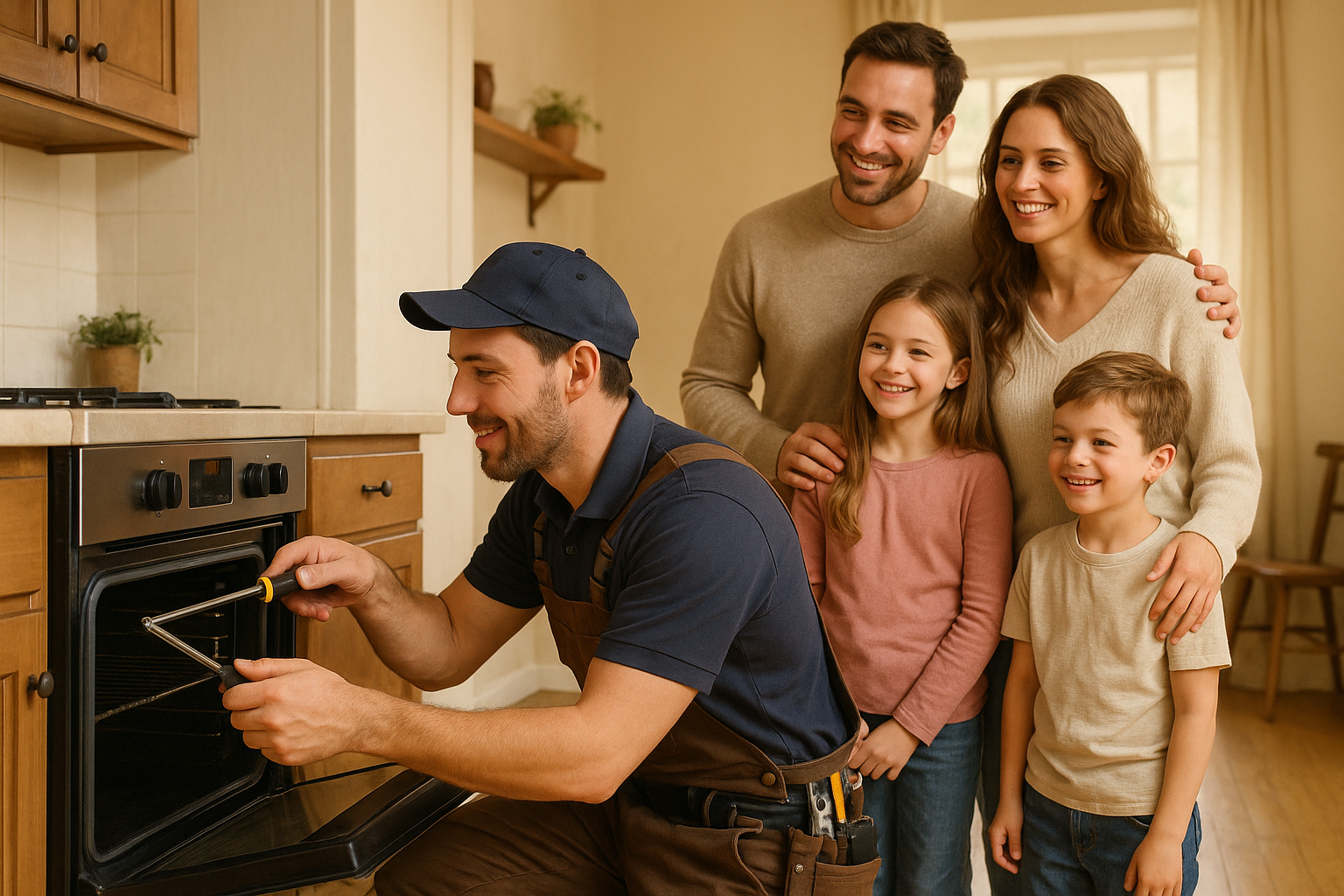 handyman fixing item while family watches with satisfaction